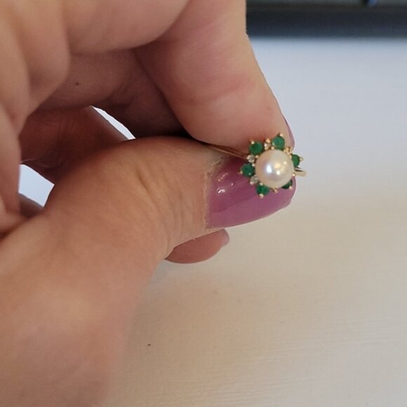 Vintage Jewelry - Vintage Yellow Gold Pearl Emerald Diamond Engagement Ring Size 5